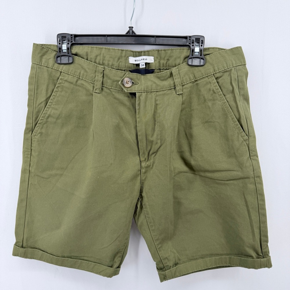 Bellfield Mens Olive Green Chino Shorts Size 34 Cotton Twill Cuffed